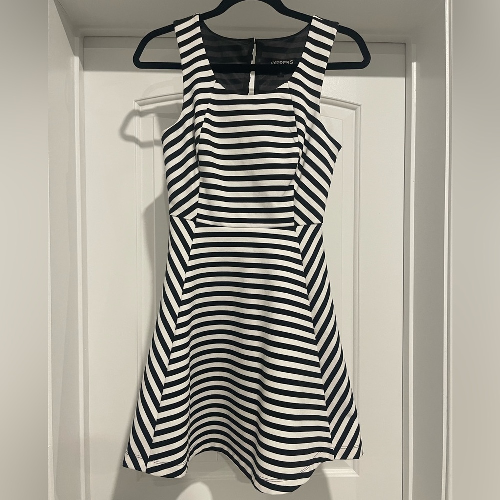 Express Fit and Flare Striped Black and White Dress